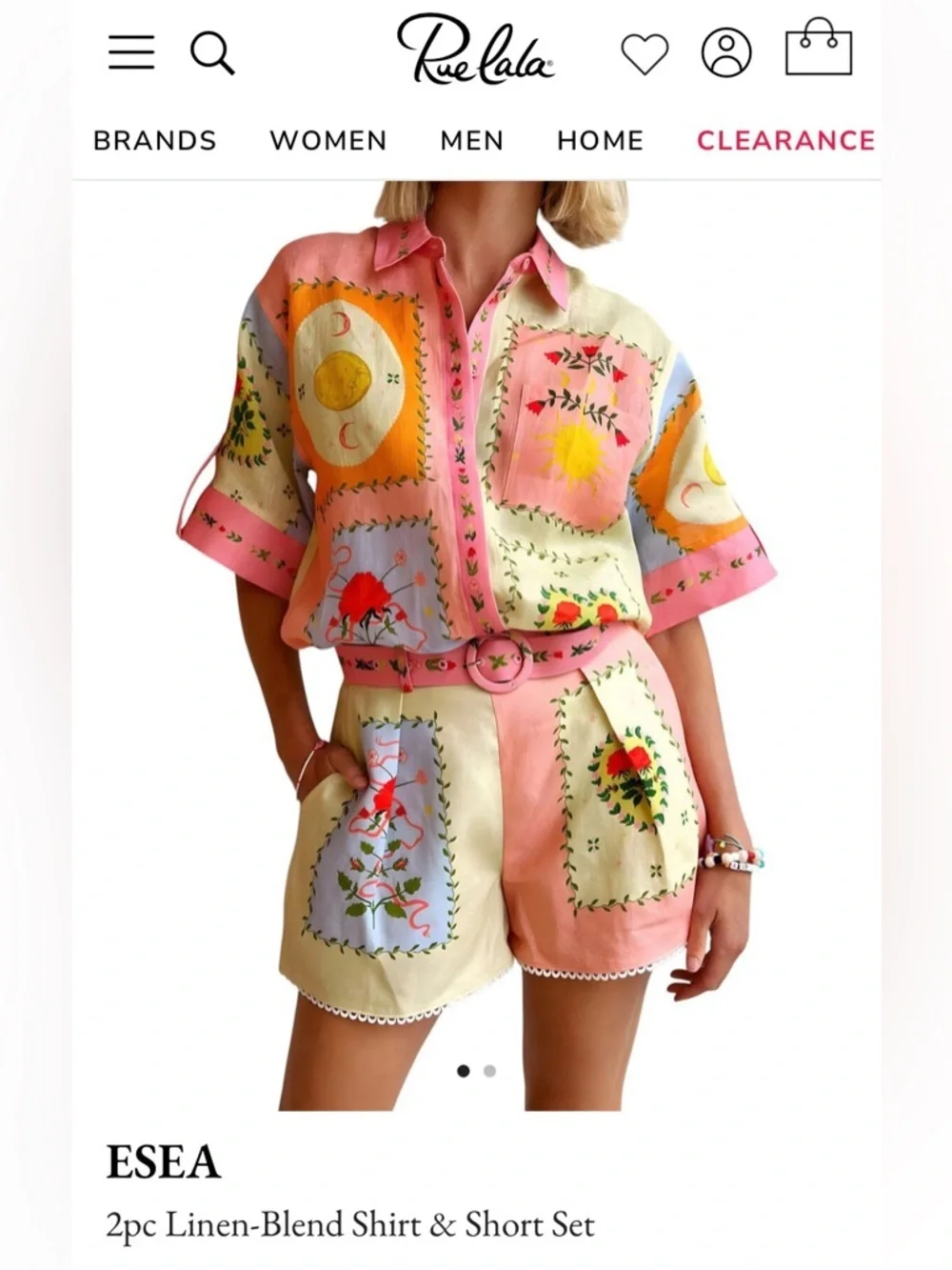 SundayUp NWT 2Pc Linen-Blend Shirt & Short Set Summer Beach PInk/Yellow Size S